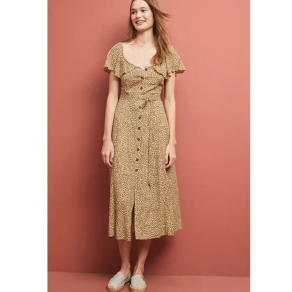 Anthropologie Bolano cheetah print button front midi dress 0 - Picture 2 of 11